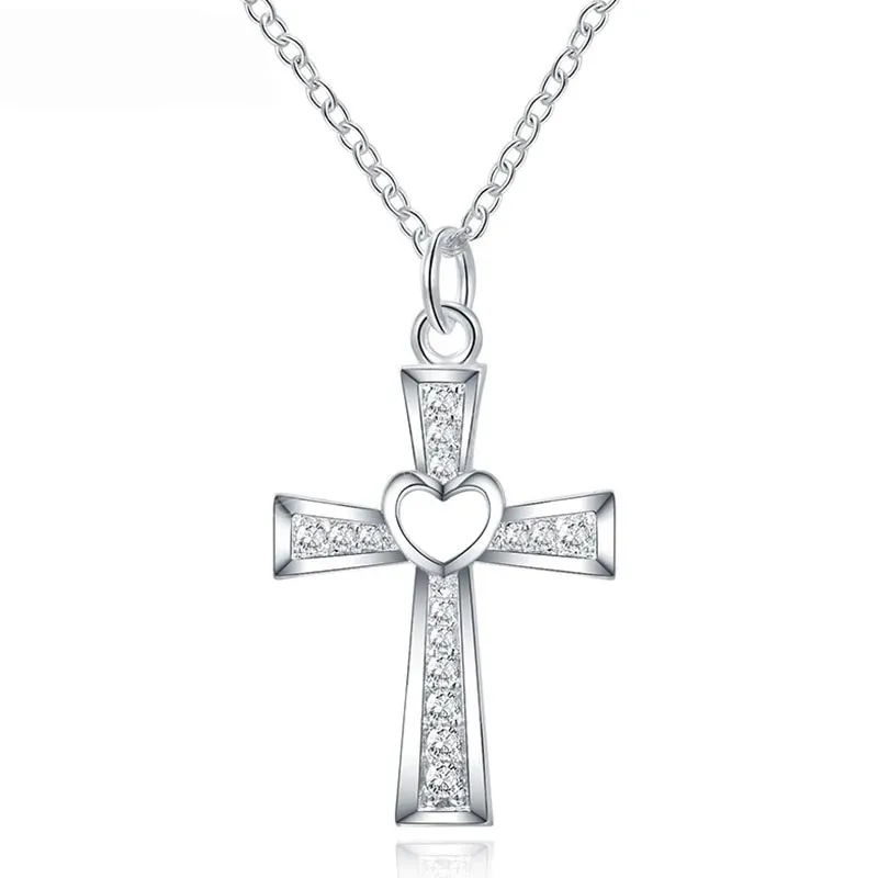 925 Sterling Silver Cross AAA Zircon Heart Necklace for Women Fashion حفل زفاف مجوهرات