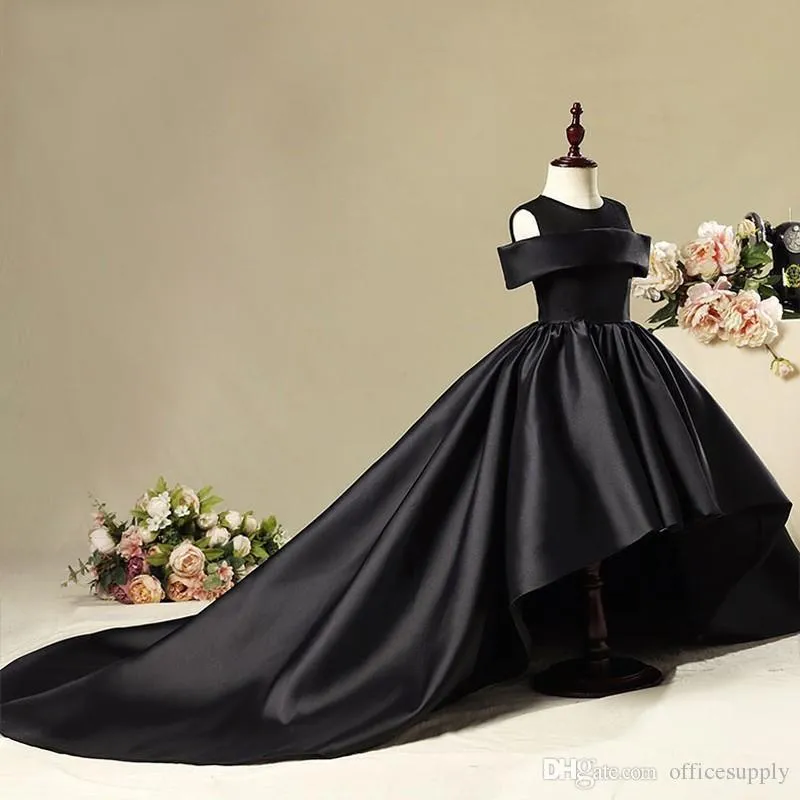 Black Flower Girl Dress For Weddings High Low Off Shoulder Satin Vestidos De Comunion Pageant Dress First Communion Gowns BC14272