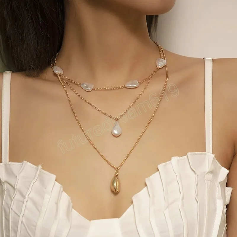 Boho imitation pärla droppform skal hänge halsband kvinnor retro guld färg metall kassakel halsband flickor mode smycken
