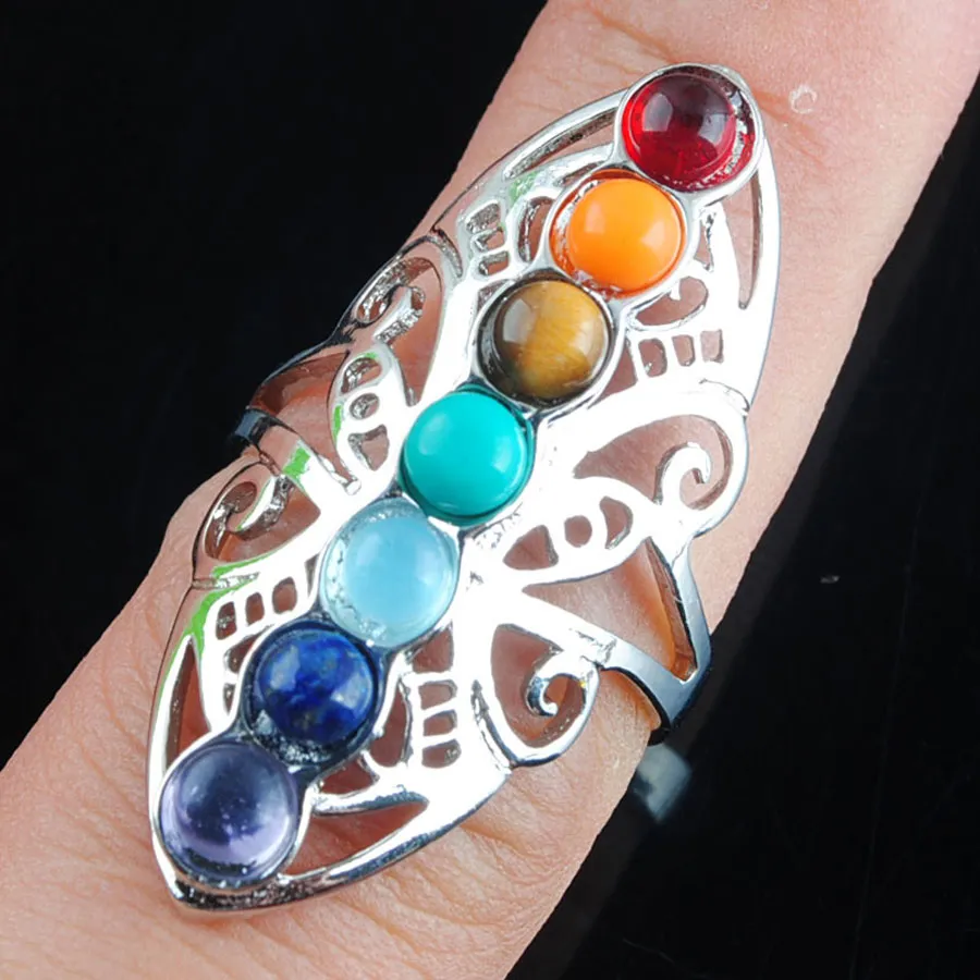 Fashion Silver-Color 7 Chakra Stone Reiki Chakra Charm Justerbara ringar Finger Open Amulet Women Jewelry X3009