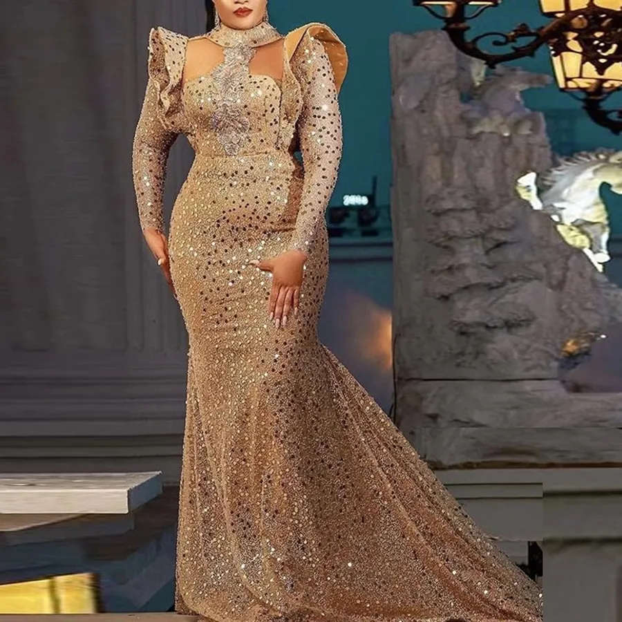 Gillter Gold Cequined Mermaid Sukienki PROM 2023 ASO EBI Arabia Long Rleeves Robe de Soiree Spargly Women Party Sukienka Sieknięcie