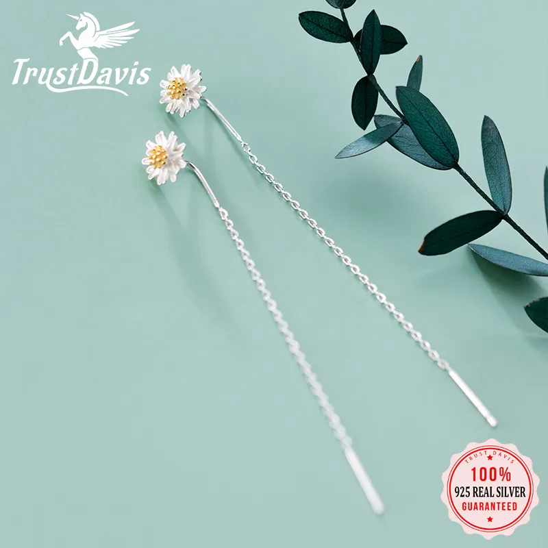 Stud Trustdavis Real 925 Sterling Silver Sweet Daisy Flower Brincos para mulheres Moda Longa Longa Longa Linha Chique Jóias DA2430Stud