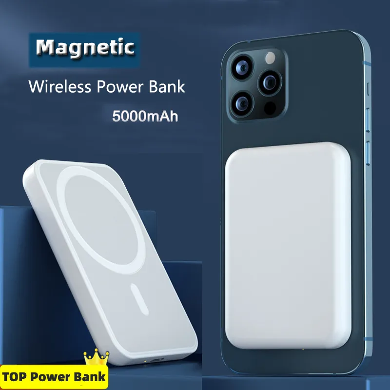 Batería de capacidad de 5000 mAh Batería Magnetic Wireless Bank Chargers portátiles para el teléfono Magnet PowerBank Carga rápida con caja minorista oficial