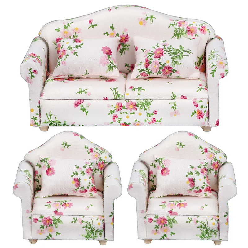 Sofá móveis em miniatura para casa de bonecas, ferramentas artesanais, conjunto de flores rosa e verde, capa de sofá floral com travesseiro 1222898