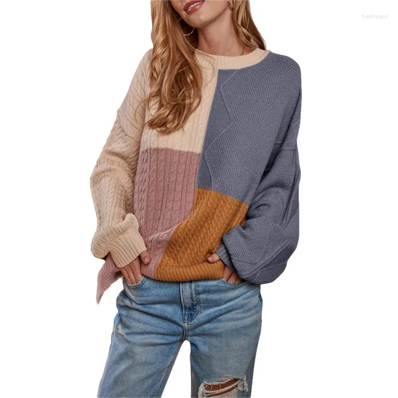 Maglioni da donna Pullover lavorato a maglia a maniche lunghe con scollo a O a maniche lunghe in contrasto di colore da donna per l'autunno inverno