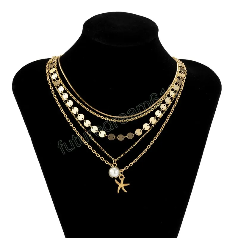 Multilayer Starfish Imitation Pearl Sequin Pendant Clavicle Necklace Women Gold Color Metal Snake Chain Girls Fashion Jewelry