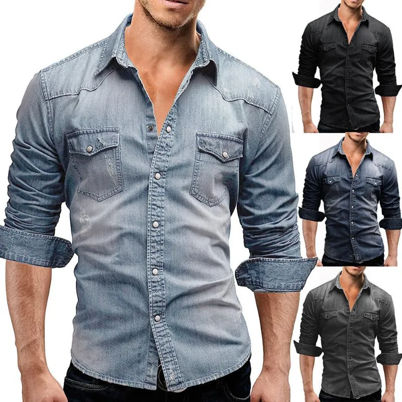 Camisas casuais masculinas Mens denim de manga comprida