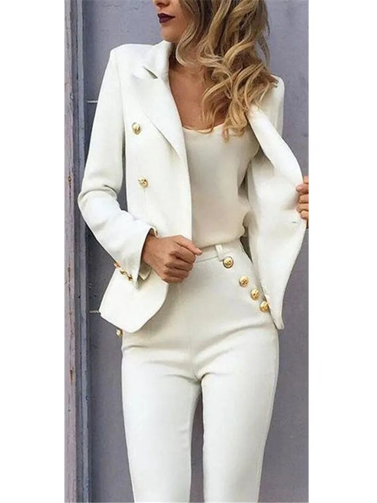 Women's Two Piece Pants White Slim Fit Pant Suits Jacket Women Business  Blazer Formal Ladies Office Uniform Style Female Trouser PantSuitWom