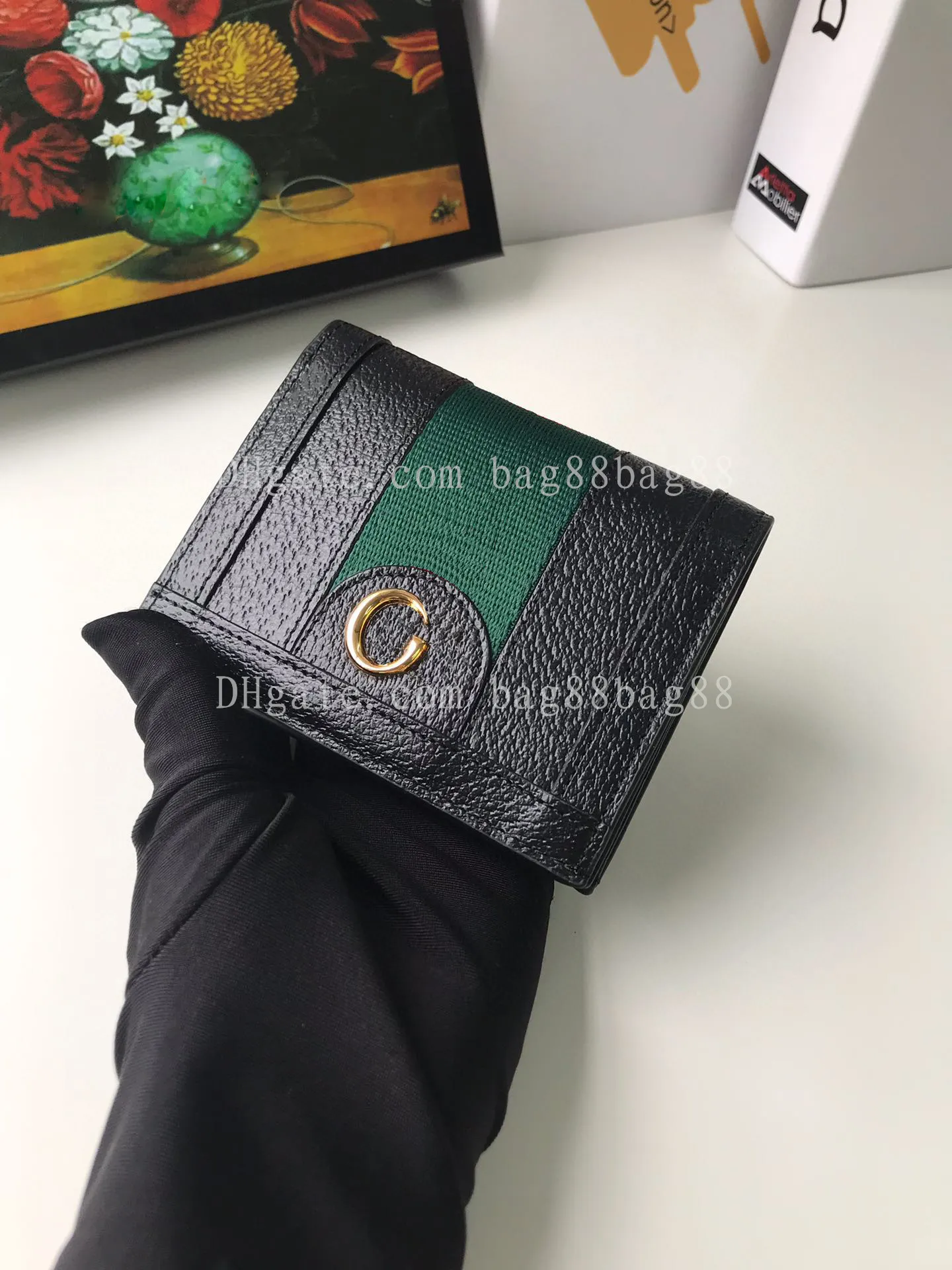 Realfine Bags 5A 523155 11cm Ophidia Card Case Carteira Bolsas de Lona Pretas para Mulheres com Dust bag