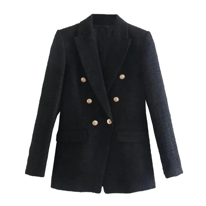 Costumes pour femmes Blazers Femmes Mode avec bouton en métal Tweed Blazer Manteau Vintage Manches longues Poches à rabat Vêtements de dessus pour femmes Chic VesteWomen'