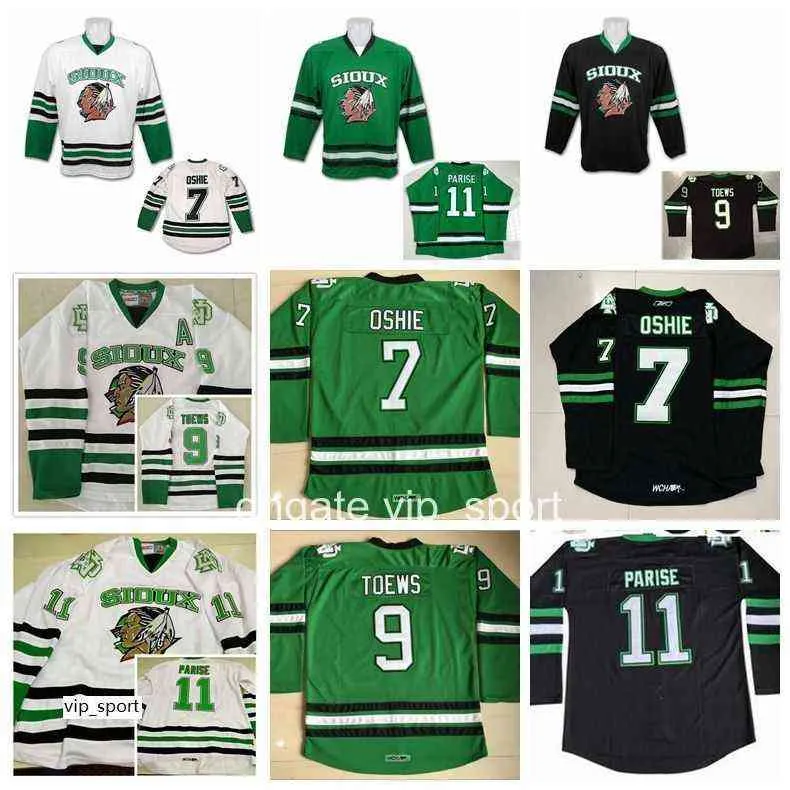 Uomini 9 Jonathan Toews College Jersey North Dakota Fighting Sioux 11 Zach Parise 77 T.J. TJ Oshie Maglie Hockey Team Verde Bianco