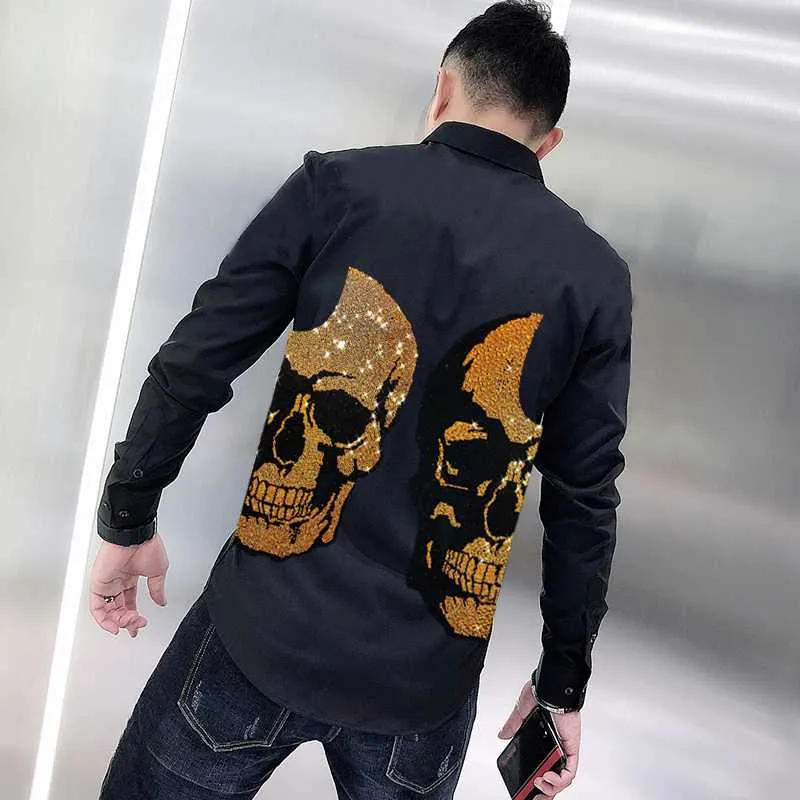 Camisas casuais masculinas Personalizadas Anti-Irblans da Camisa masculina Slim Slave Longa Super Shiny Diamond Skull Doublesides Exagerado D