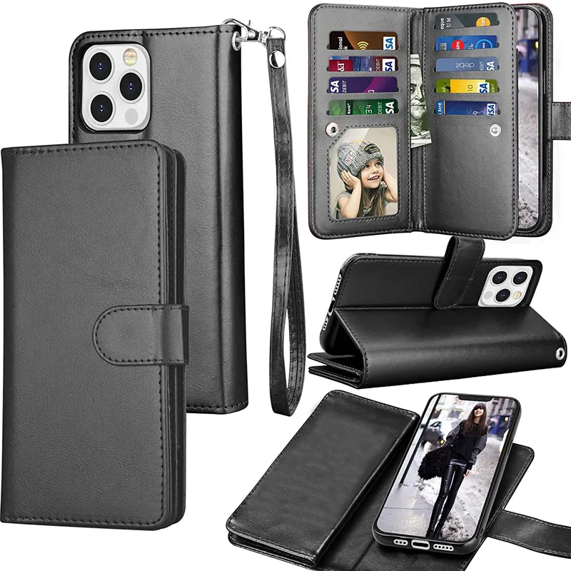 Multifunktion 2 i 1 l￶stagbara fall Magnetiska Flip Wallet Leather -kortplatser f￶r iPhone 14 13 12 11 Pro Max XR XS X 8 Plus Samsung S8 S9 S10 S20 S21 S22 Ultra Note 20 Note20