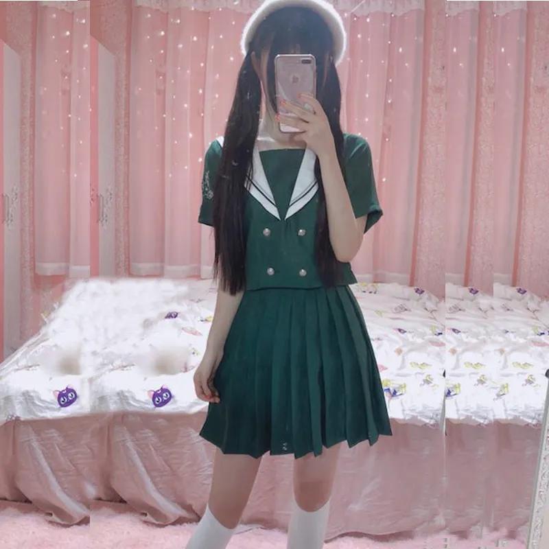 Kläder sätter japanska skoluniform flickor koreanska bär sommaren höstgrön marinblå skjorta kjol klädkläder