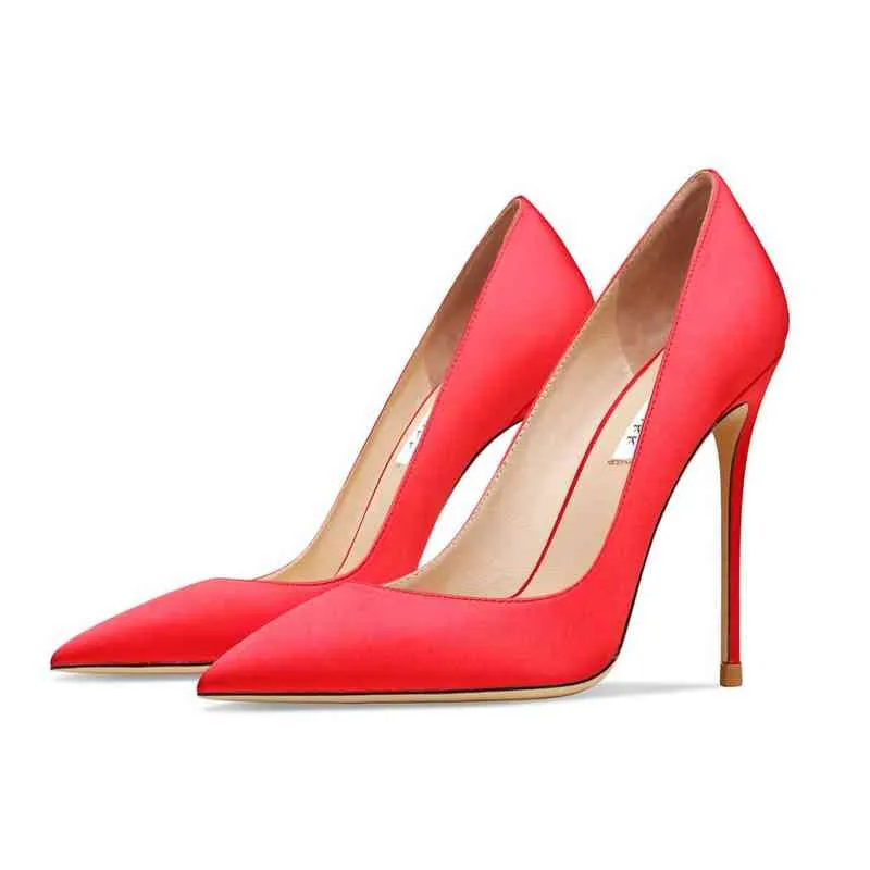 Hakiki Deri İpek Kırmızı Marka Kadın Ayakkabı Sivri Burun Sığ Yüksek Topuklu Klasik Pompalar Zarif Ofis Ayakkabı Abiye Ayakkabı T220813