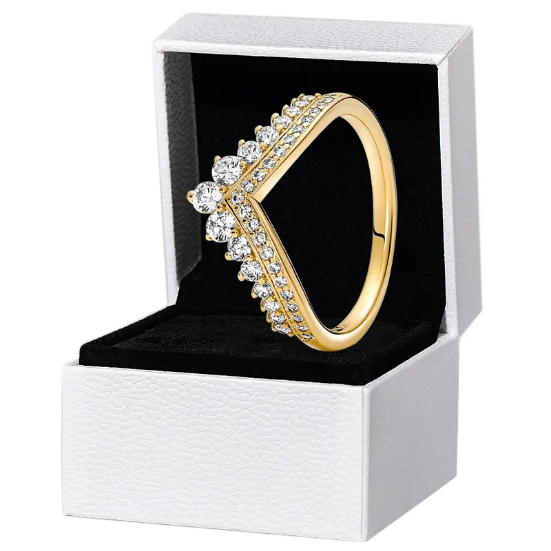 Yellow gold plated Timeless Wish Tiara Ring Girl Womens CZ diamond Wedding Jewelry gift Box for Pandora 925 Sterling Silver Rings