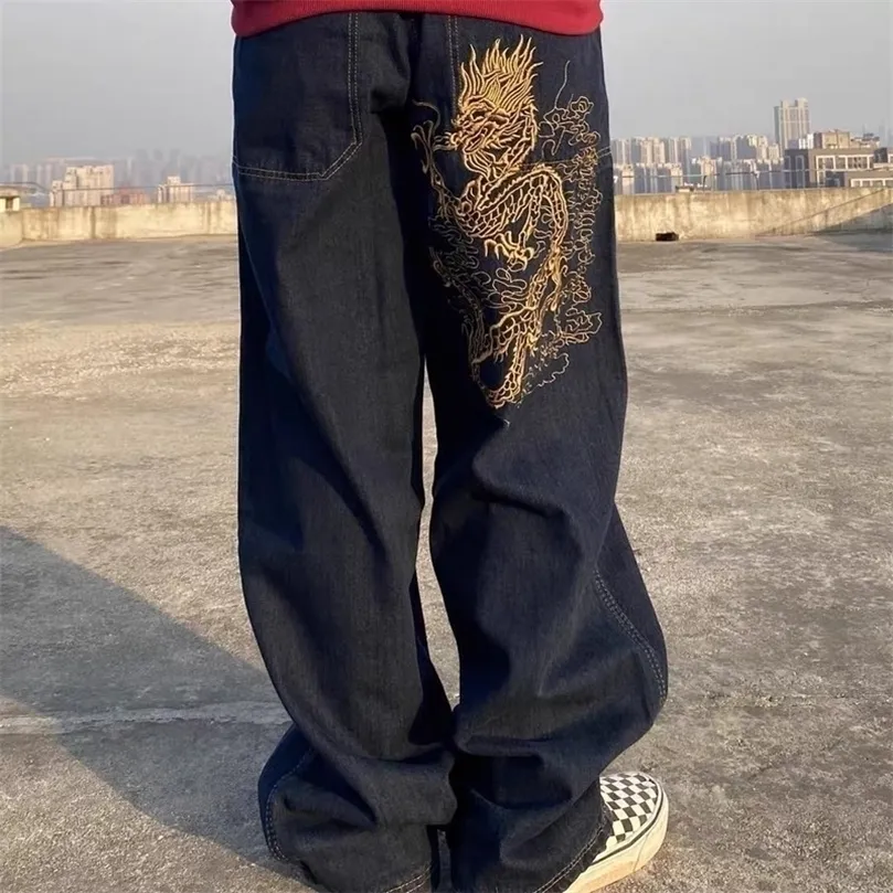 Retro Street Skateboarding Dance Loose Chinese Dragon Brodé Taille Haute Jeans Papa Mopping 220819