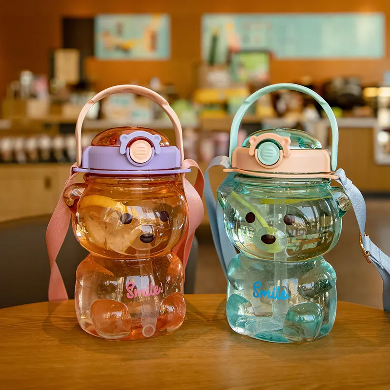 Bottles Kawaii Bear Plastic Water Bottle with Straw Shoulder Strap Cute  Kids