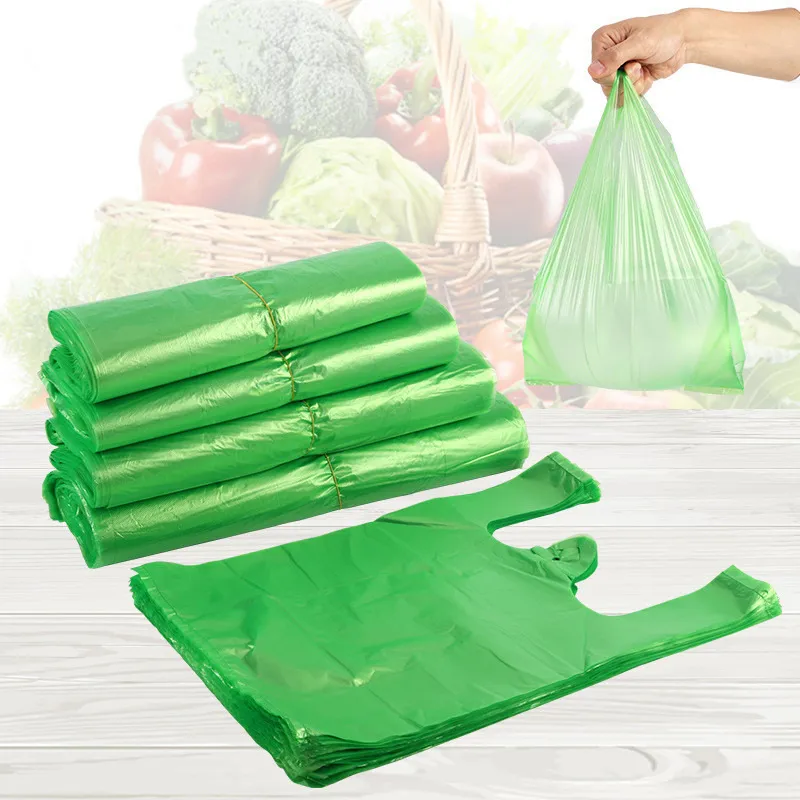 100pcs 4 tamaños chaleco verde bolsita de plástico de supermercados desechables supermercados compras de comestibles s con mango de alimento 220822