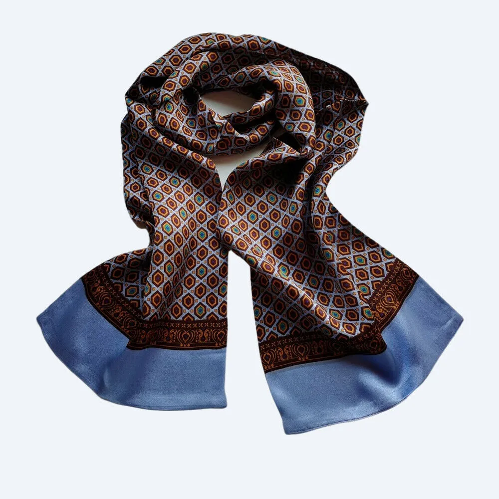 100% Silk Scarf Men Vintage Long Double Layer Neckerchief Cravat Office Blue