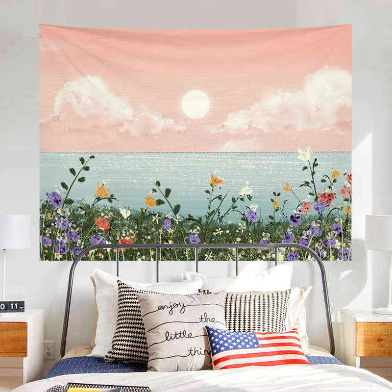 Boho décor peinture à l'huile paysage tapisserie murale lune nuages chambre tête de lit fleurs suspendues Kawaii maison Tapiz J220804