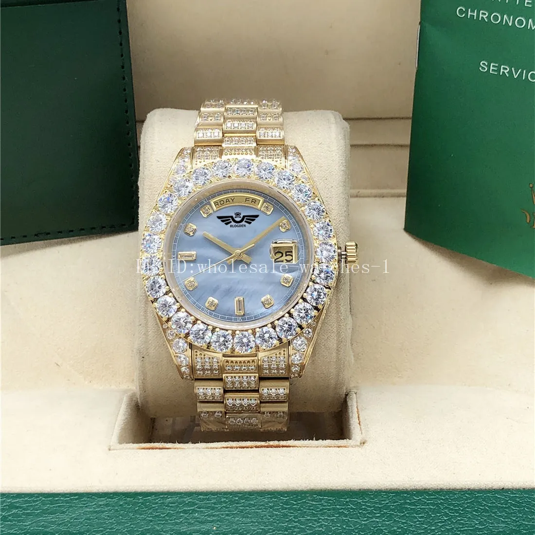 Prezydent Full Diamond Watch 128238 Blue Pearl Dail 43 mm Gold Men Automatyczne pudełko