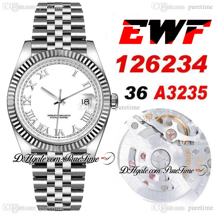 EWF 36 126234 A3235 Automatic Mens Ladies Unisex Watch Fluted Bezel White Diamond Roman XI VI Dial JubileeSteel Bracelet Same Serial Card Super Edition Puretime E5