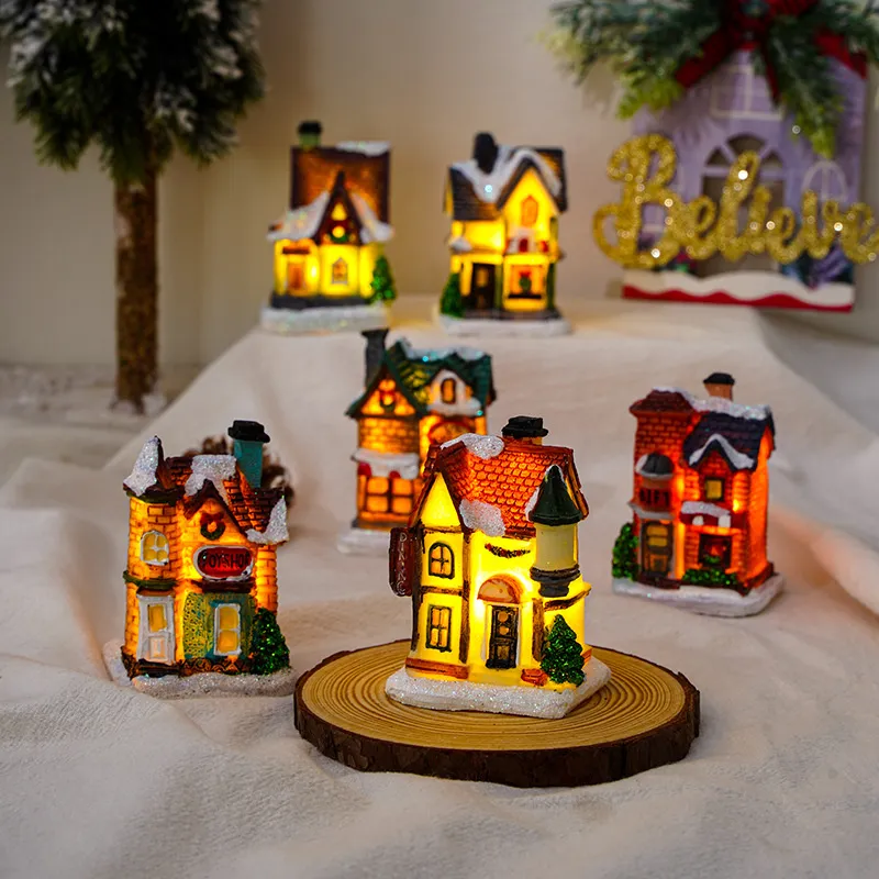 Christmas Resin Village with LED Light Xmas Tiny Glowing Snow House Ornament Gift