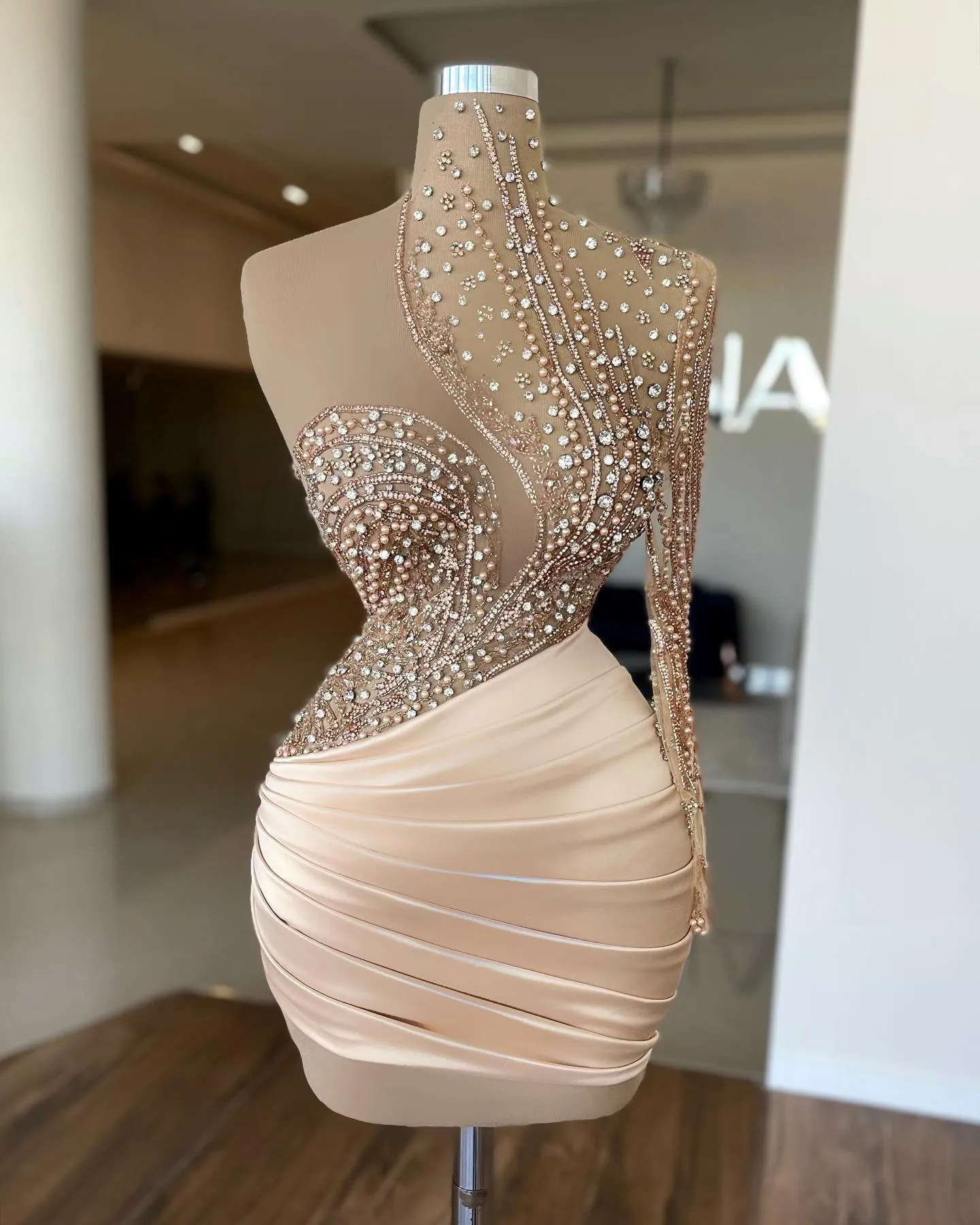 blue dress for baby girl Champagne Beaded Mermaid Prom Dresses Puffed Sleeve Evening Dress AD10 –  Viniodress main image 0