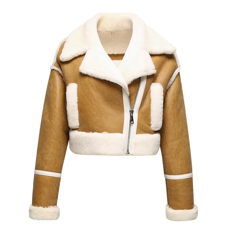 Womens Short Real Shearling Coat Genuine Lambskin Leather Coat Warm Real Wool Winter Double Face Jacket S3658 220822