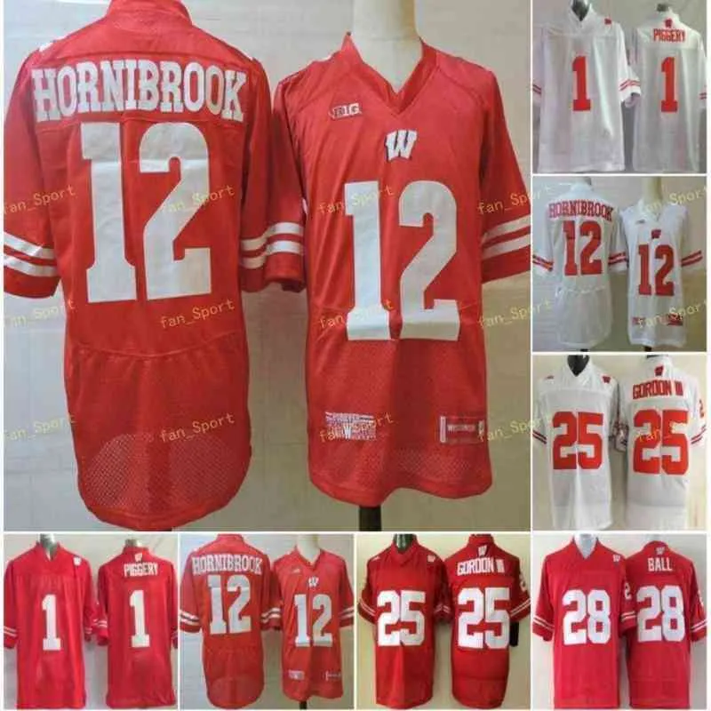 Wisconsin Badgers Football Jersey Men 25 Mein Gordon Iii 1 Piggery 28 Montee Ball 12 Alex Hornibrook Red White