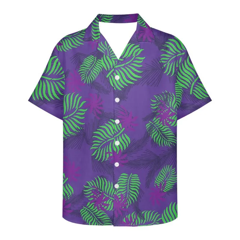 Мужские повседневные рубашки Полинезийские племенные гавайские фиолетовые листья пальмовых листьев Печать 2022 Мода для мужчин дышащие короткие рукавы