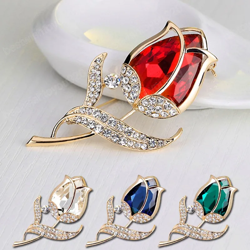 Mode Tulpe Blumen Broschen Frauen Elegante Glänzende Strass Kristall Brosche Schmuck