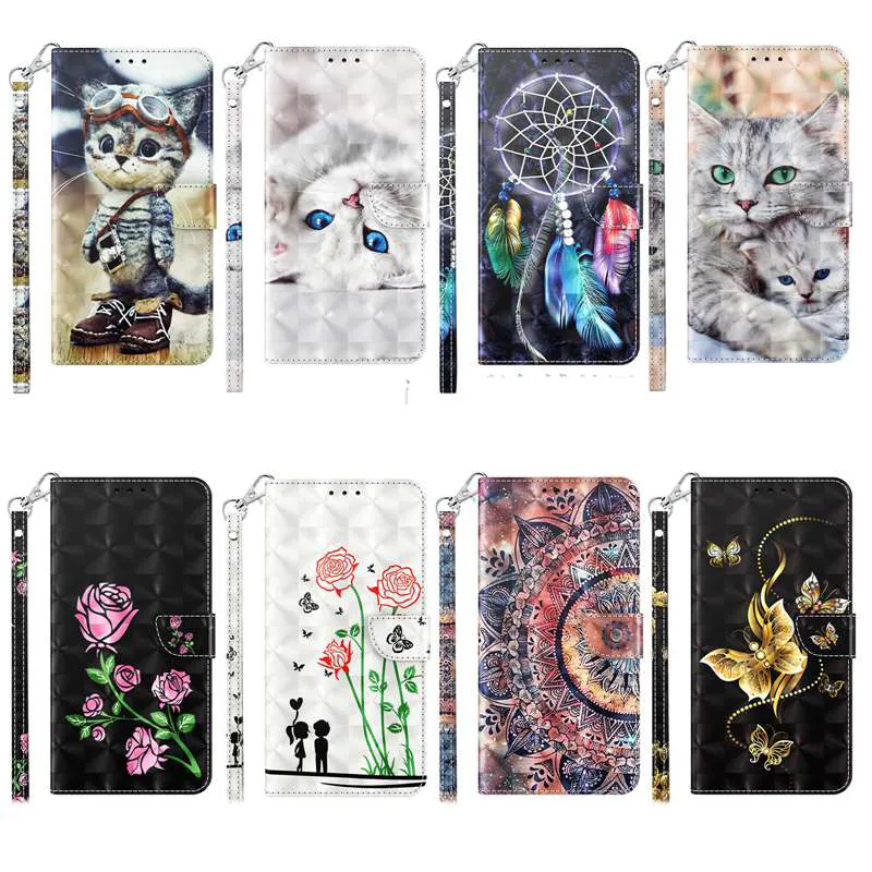 3D Baskı Deri Cüzdan Kılıfları İPhone 14 Pro Max 13 Mini 12 11 XR 8 7 6 Artı Moda Çiçek Kelebek Gül Çiçek Kedi Sevgilisi Dreamcatcher Kimlik Kart Yuvası Tutucu Kitap Koşusu