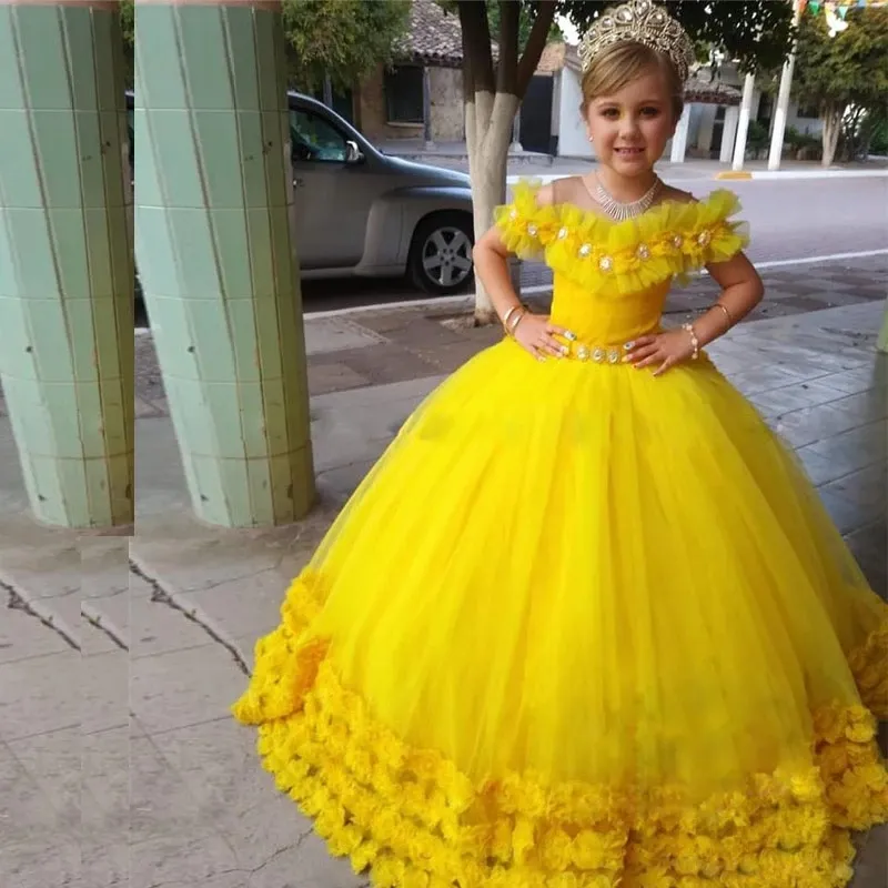 Princess Yellow 3D Floral Girls Pageant Dresses 2023 Ball Gown Crystals Off Shoulder Girls Birthday Prom Party Gowns For Toddler