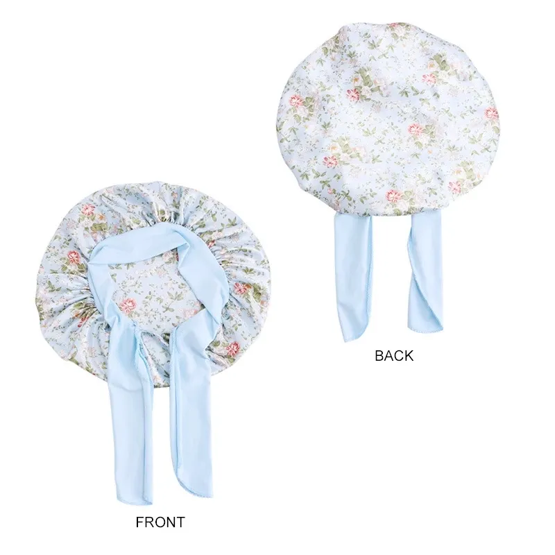 Pink Children Satin Sleep Bonnet Hat Bow Adjust Kids Girls Boys Night Sleep Cap Bonnet Flower Printed Baby Hair Protect Beanie
