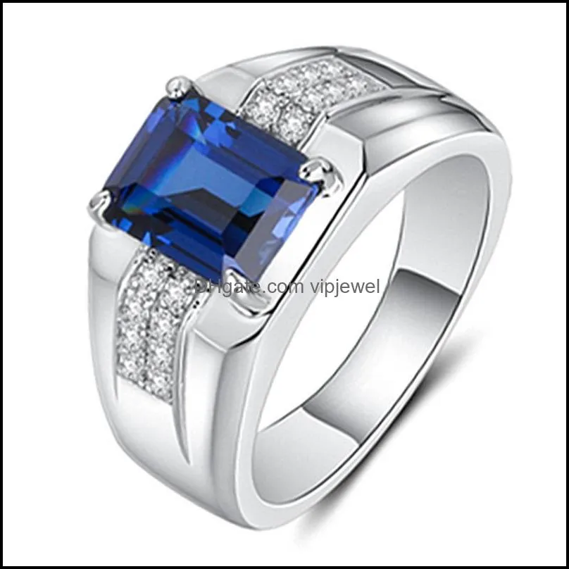 С боковыми камнями синий циркон Sier Ring Fashion Trendy Mens Business Domingering Baguette Diamond Men Men Corundum Drop 2 Vipjewel DHL5H
