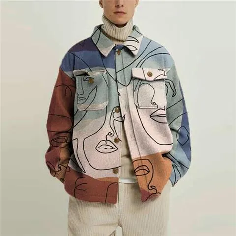 Chaqueta con estampado de tendencia de solapa para hombre, moda de invierno, camisa con estampado de línea abstracta, chaqueta de costura, ropa de moda para hombre 220822