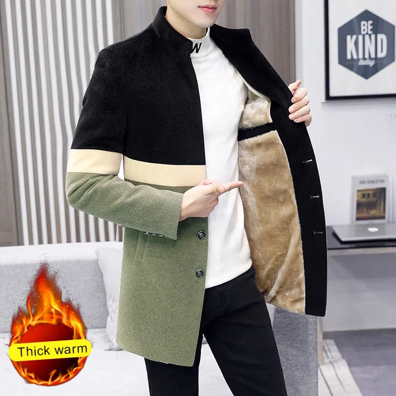 Зимний цветовой стойка мужской костюм средней длины плюшевый и тонкий шерстяной пиджак с длинной густой теплой курткой мужская траншея 220822