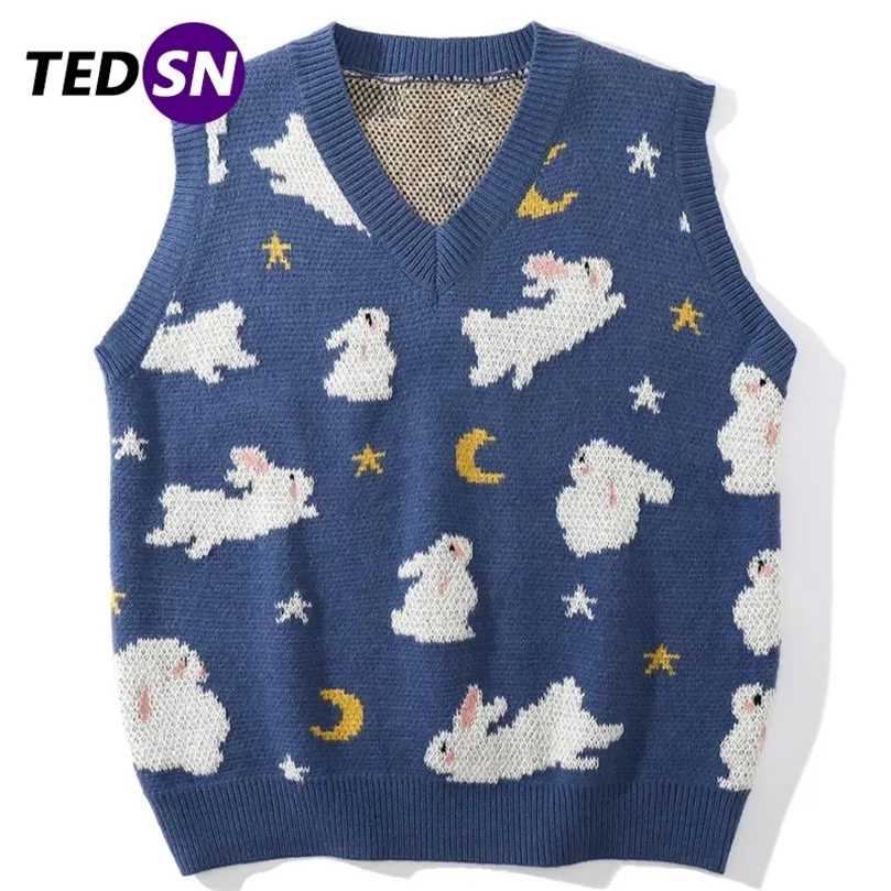 Tedsn stickad tröja väst kawaii ärmlösa topp män kvinnor tank överdimensionerad lös pullover casual koreanska söta höstkläder 220822