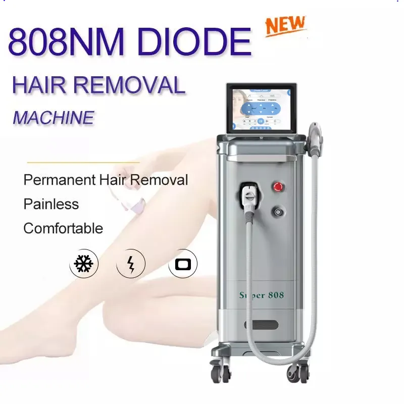 Super808 Diode Laser Cold Pianless 808nm Hårborttagningsenhet Professionell hudföryngring Skönhet Salongutrustning Hög effekt 600W 900W 1200W LASER HR MASKIN