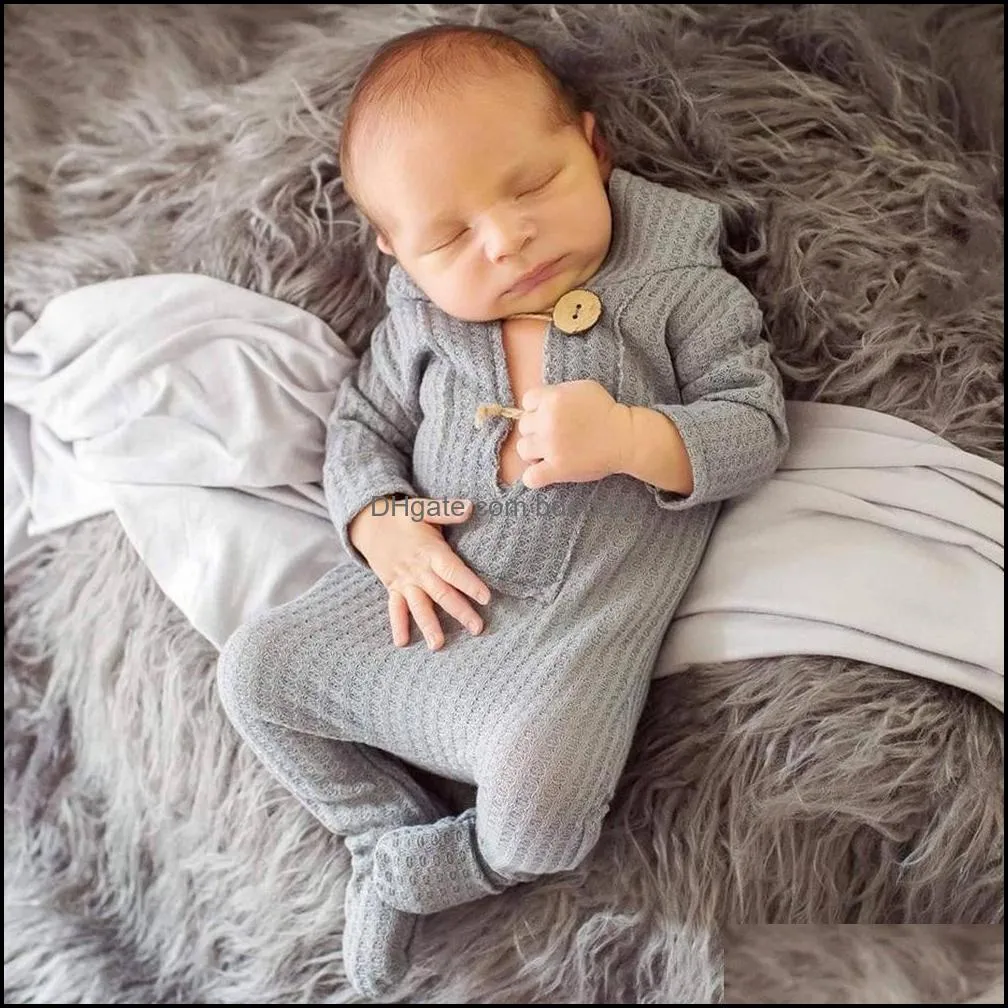 Rompers Footed Newborn Romper Infant Baby Pography Prop Jammies Long Sleeve Hooded Knitted Climb Clothes Bdebaby Drop Deliver Bdebaby Dhl3N