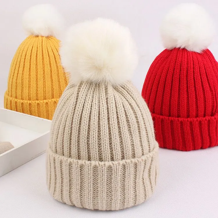 Autumn Winter Baby Kids Knitted Hat Wool Ball Skull Cap Girls Boys Beanies Children Hats Fit 1-6T