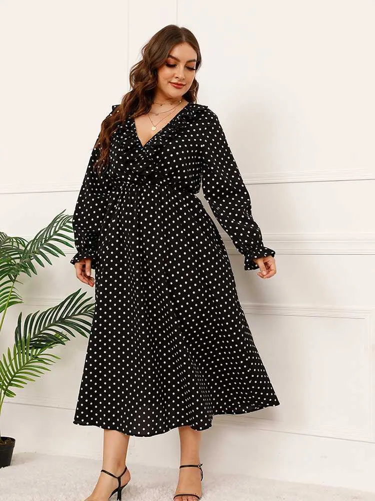 Plus size jurken damesjurk kleding lente zomer 2022 witte dot v nek lange mouw elegante mode van grote matenplus