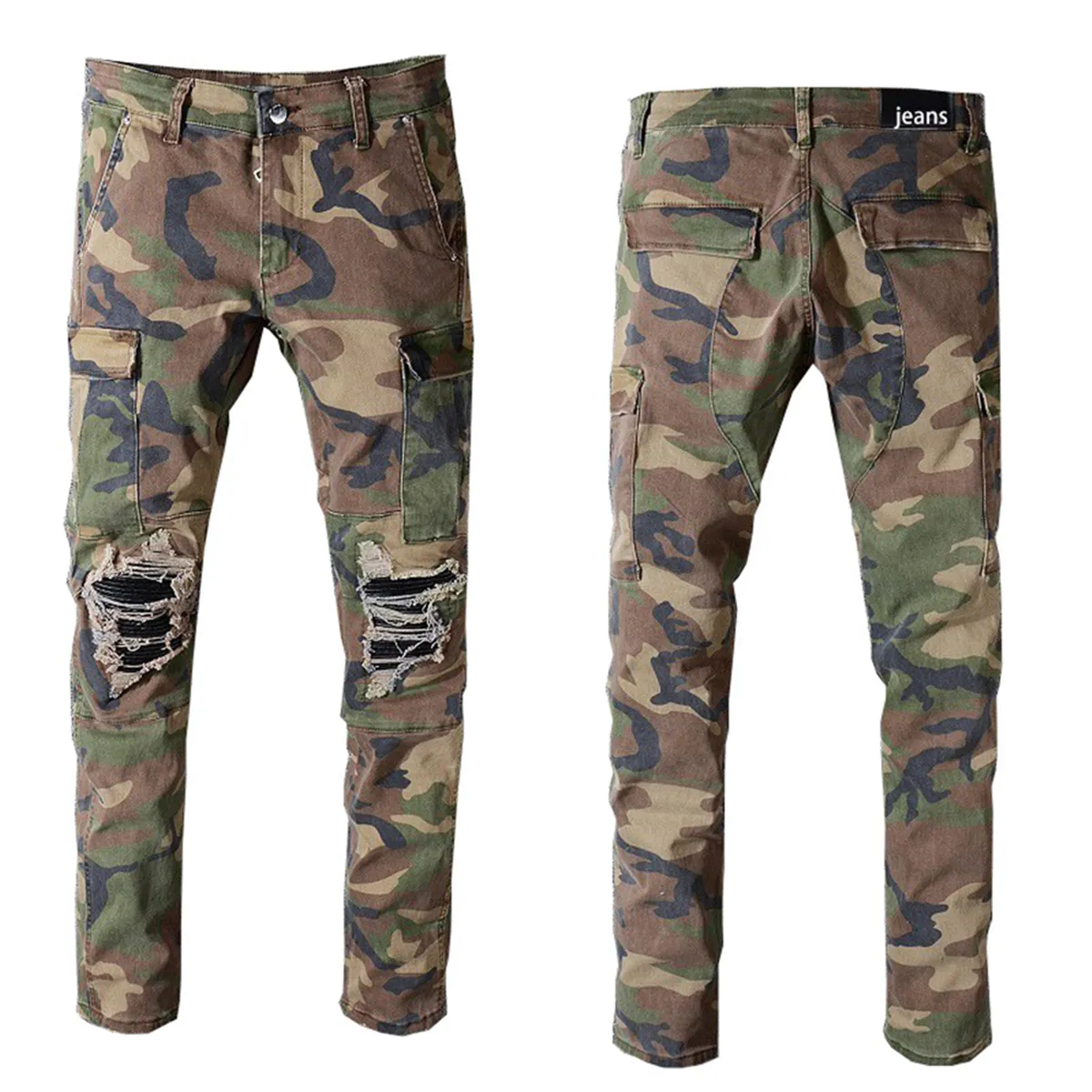 Fashion Camouflage Army Green Slim Jeans For Mens Hip Hop Patch Holes Denim Pencil Pants 836