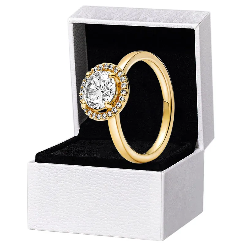 NUEVO Sparkling Round Halo Yellow Gold plated Ring Mujeres Niñas Regalo de boda con caja original para Pandora 925 Anillos de plata esterlina