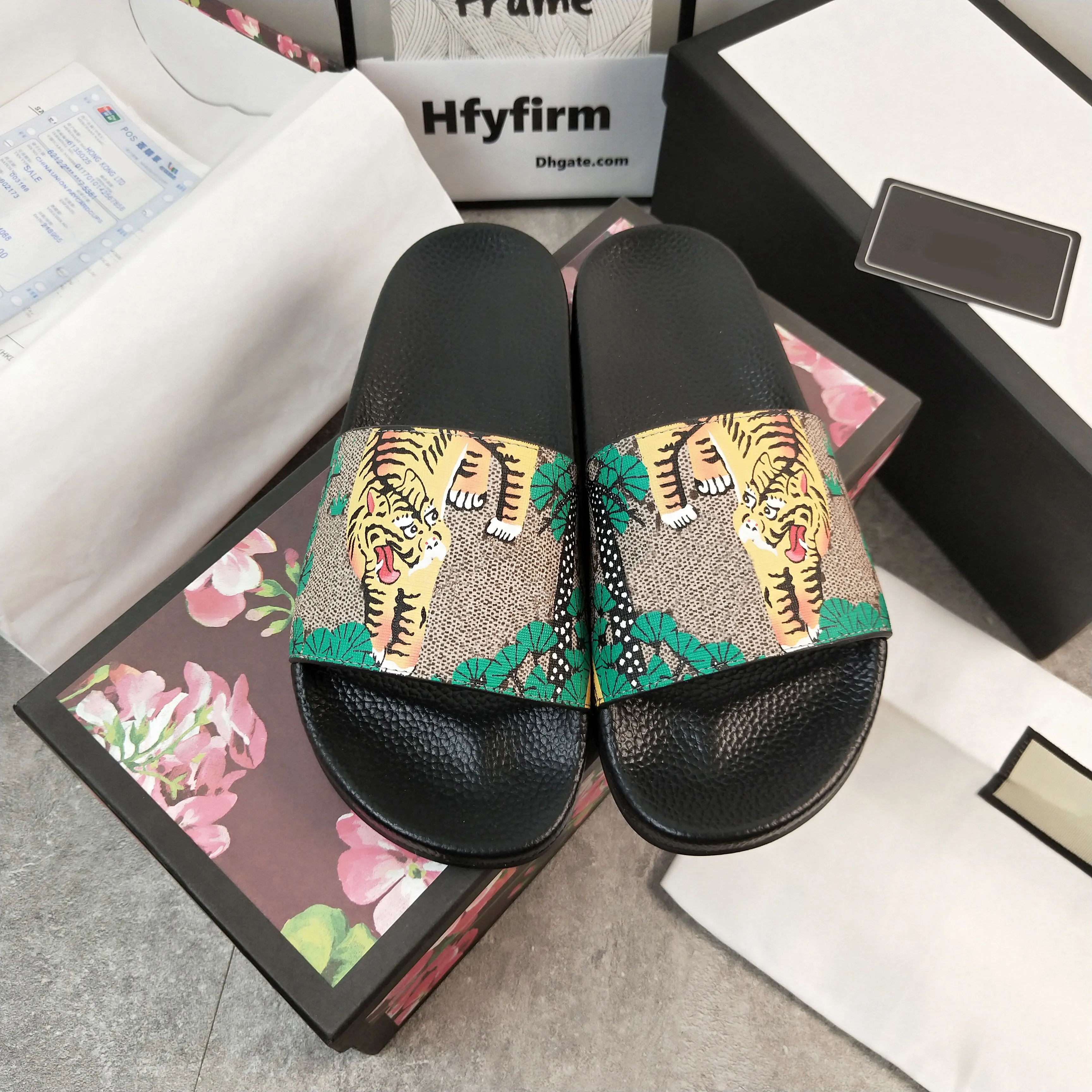 GGLIES GC GUIII DESIGNER FLORAL SLIDER KORREKT VERSION RUBBER SLIPER Big Plus Size Män kvinnor Sandaler Tiger Snake Print Slide Summer Wide Tall Slipper Size 354 9UHX