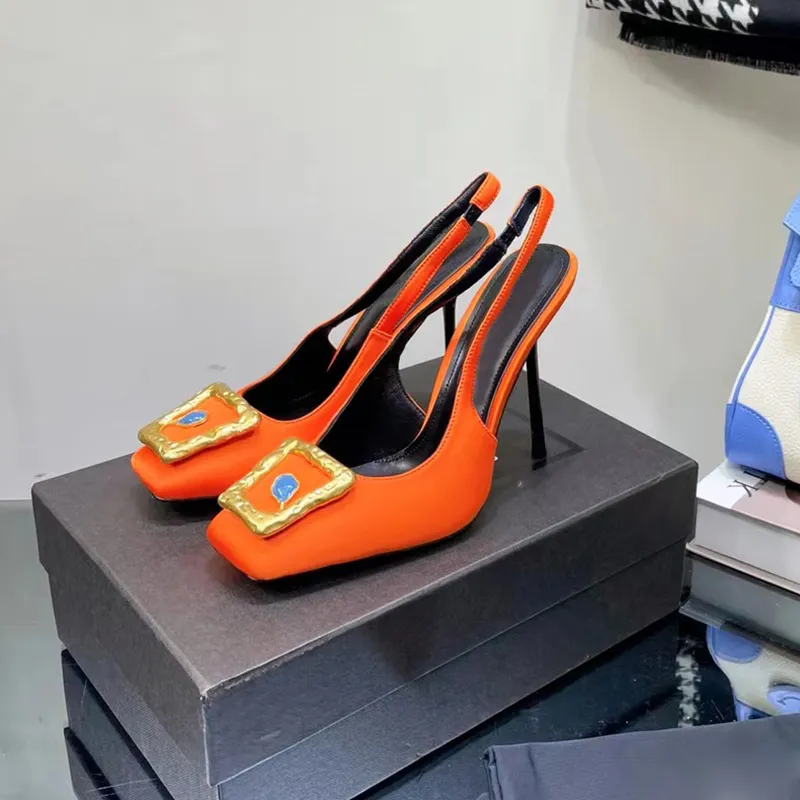 Zapatos de tacón de aguja decorativos con botones cuadrados, zapatos de vestir de noche de diseñador, seda satinada suave, 11cm