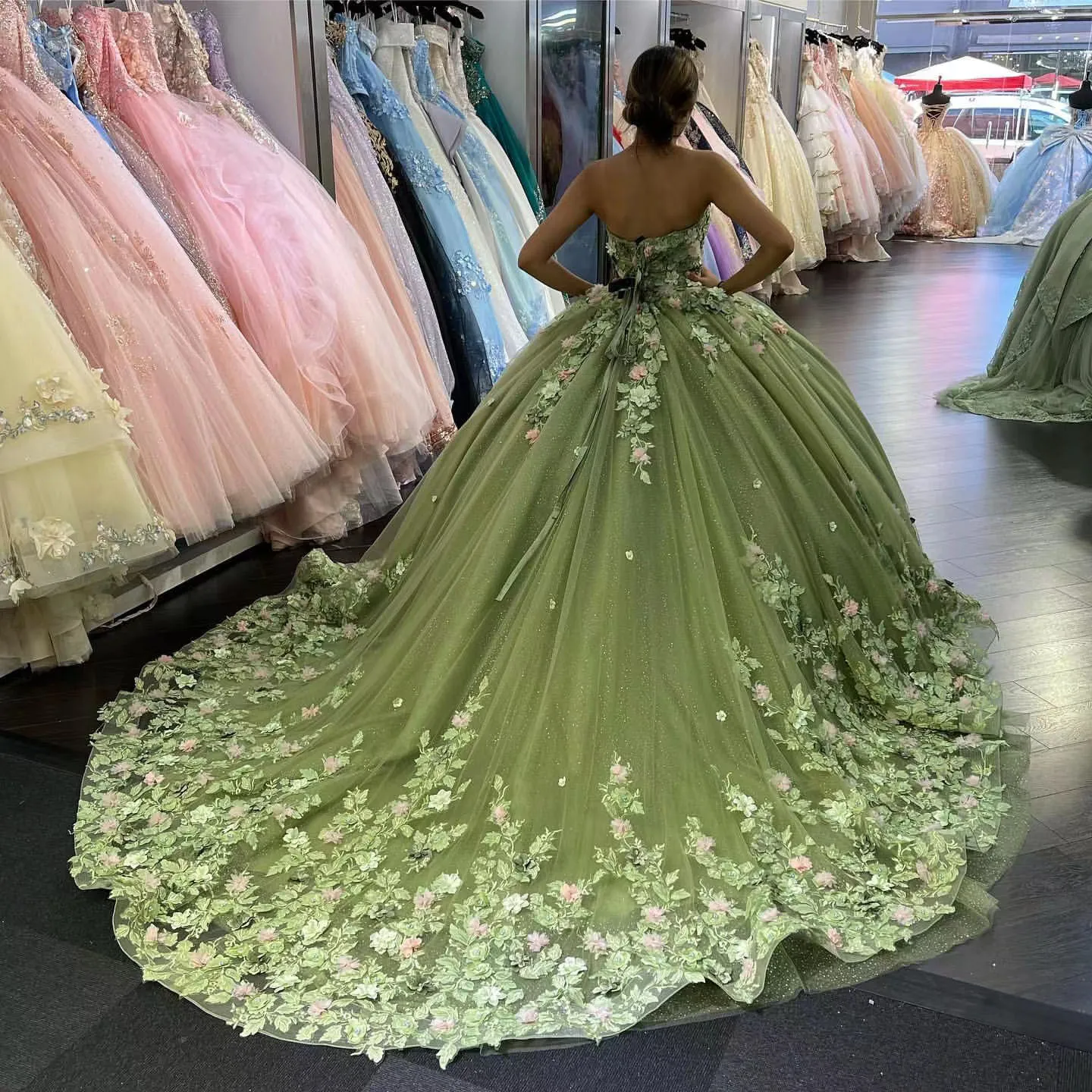 Green Quinceanera Dress Off The Shoulder Appliques 3D Flowers Princess Sweet 16 Ball Gown