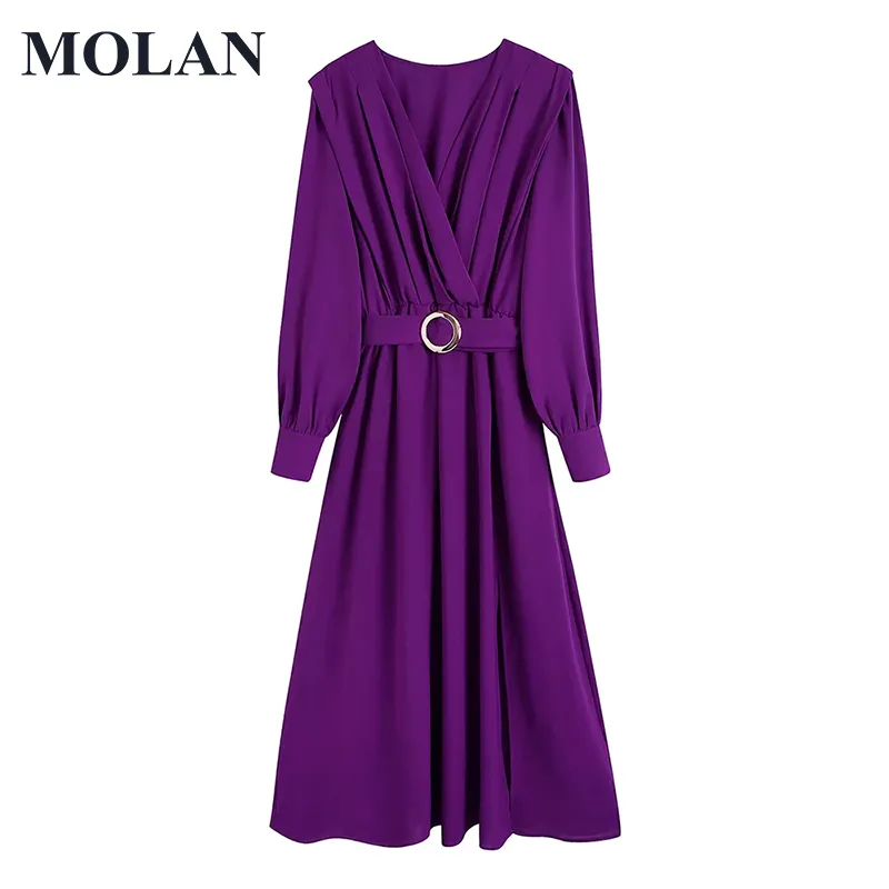 Casual Dresses Elegant Woman Dress With Belt V Neck 2022 Summer Long Sleeve Vocation Party Purple Female VestidoCasual